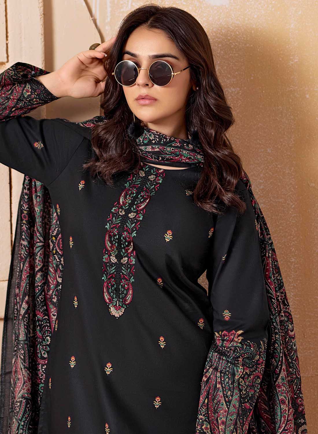 Black Cambric Cotton Unstitched Suit Material Printed with Embroidery