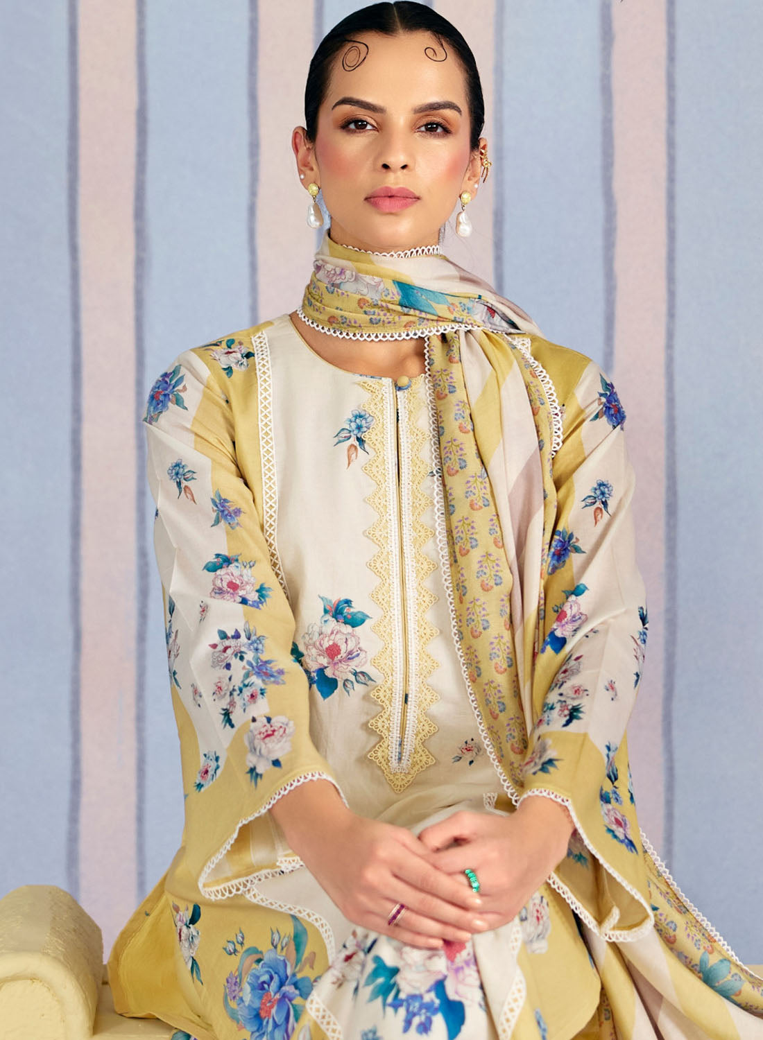 Pure Lawn Cotton Beige Unstitched Salwar Suit Material with Embroidery