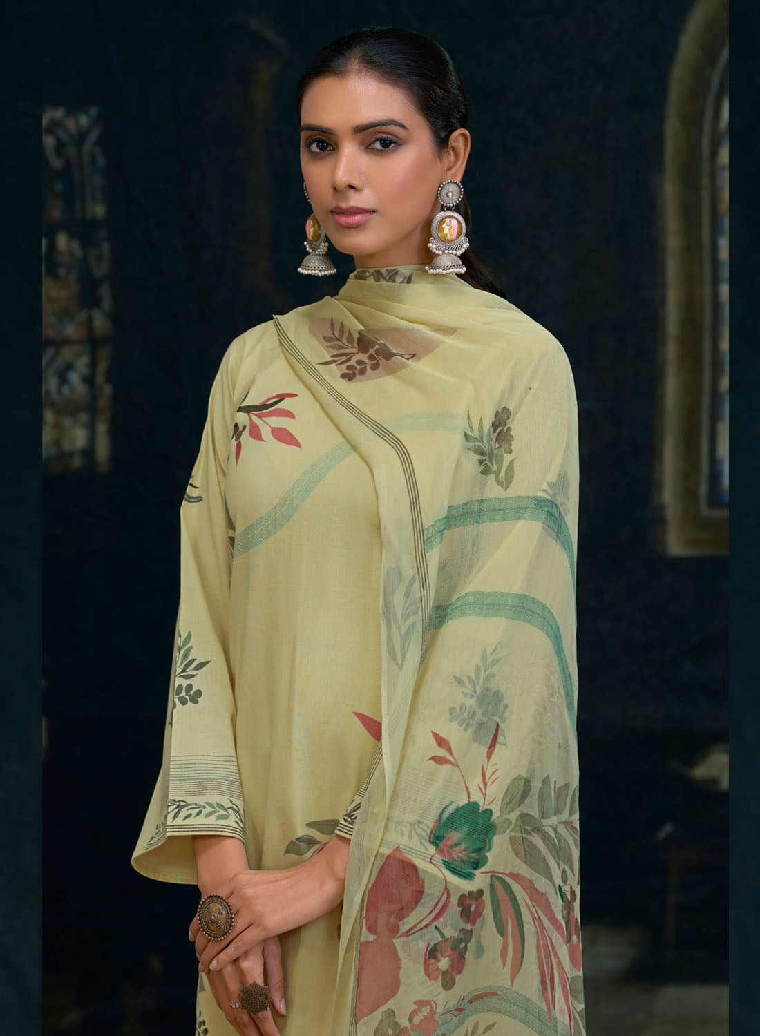 Light Green Lawn Cotton Unstitched Suit Material with Chiffon Dupatta