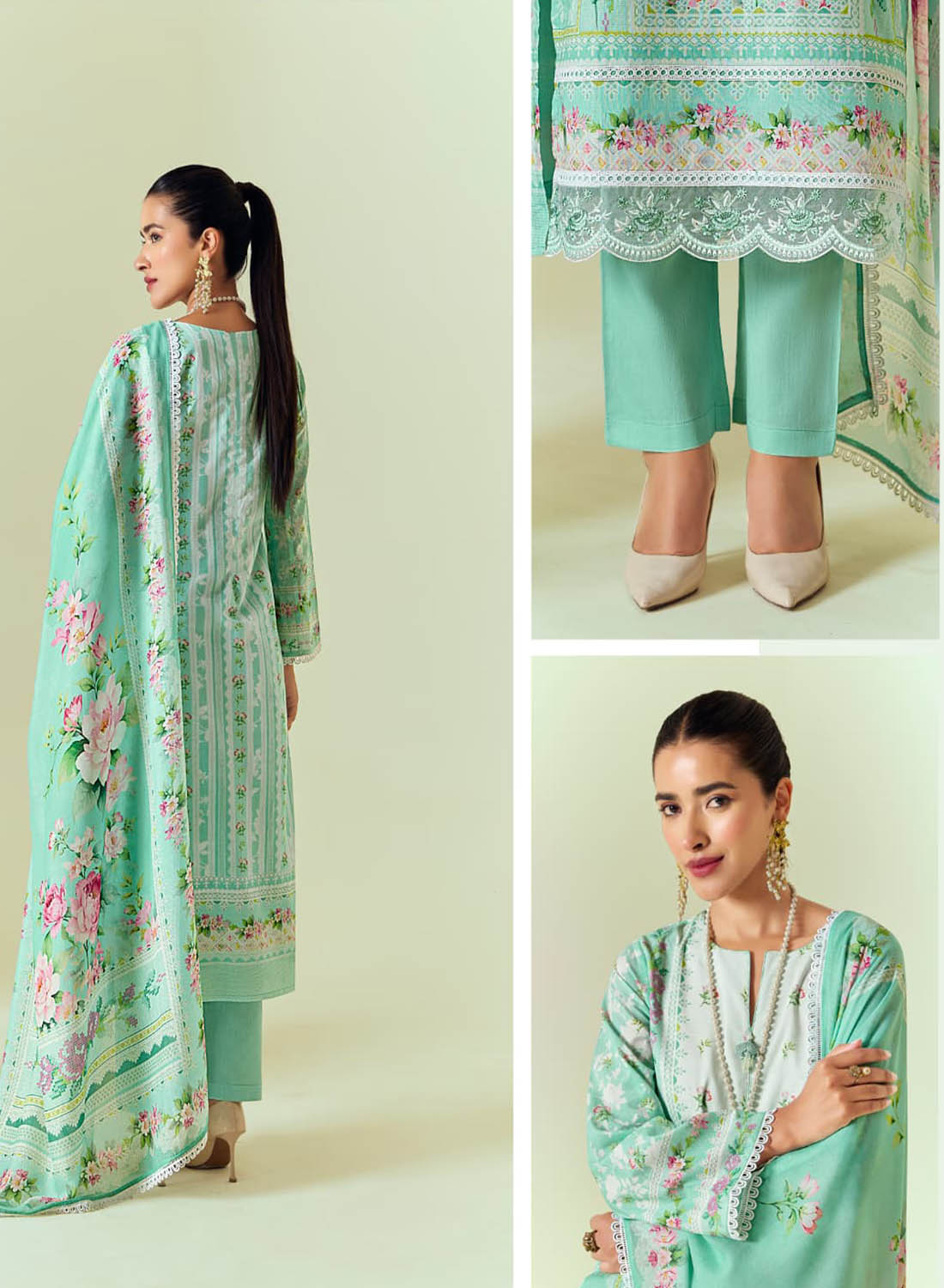 Pure Cotton Lawn Green Unstitched Salwar Suit Material with Dupatta