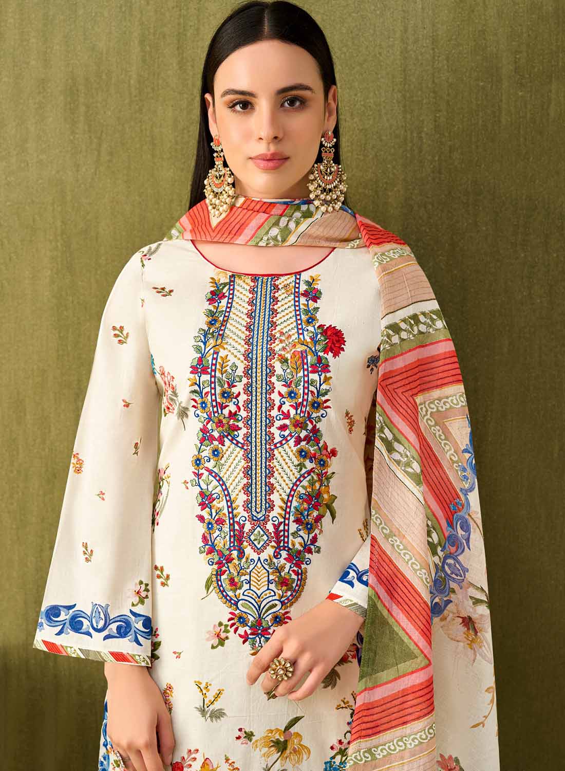 Cream Printed Unstitched Cotton Pakistani Suit Dress Material with Embroidery