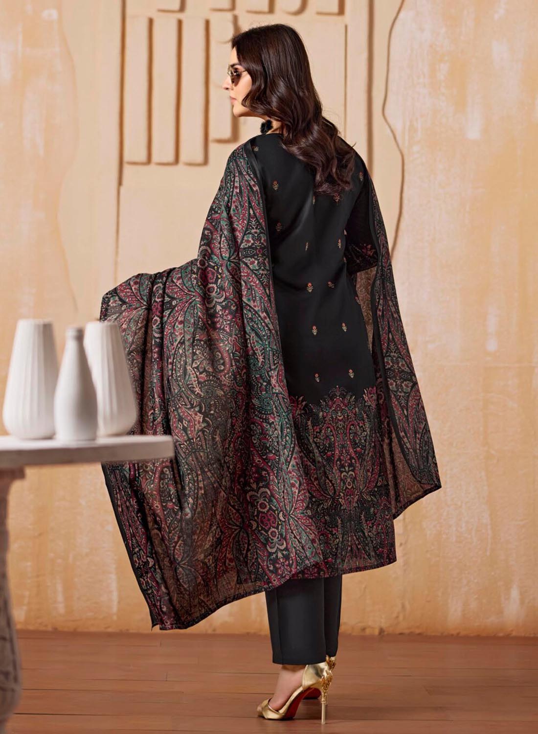 Black Cambric Cotton Unstitched Suit Material Printed with Embroidery