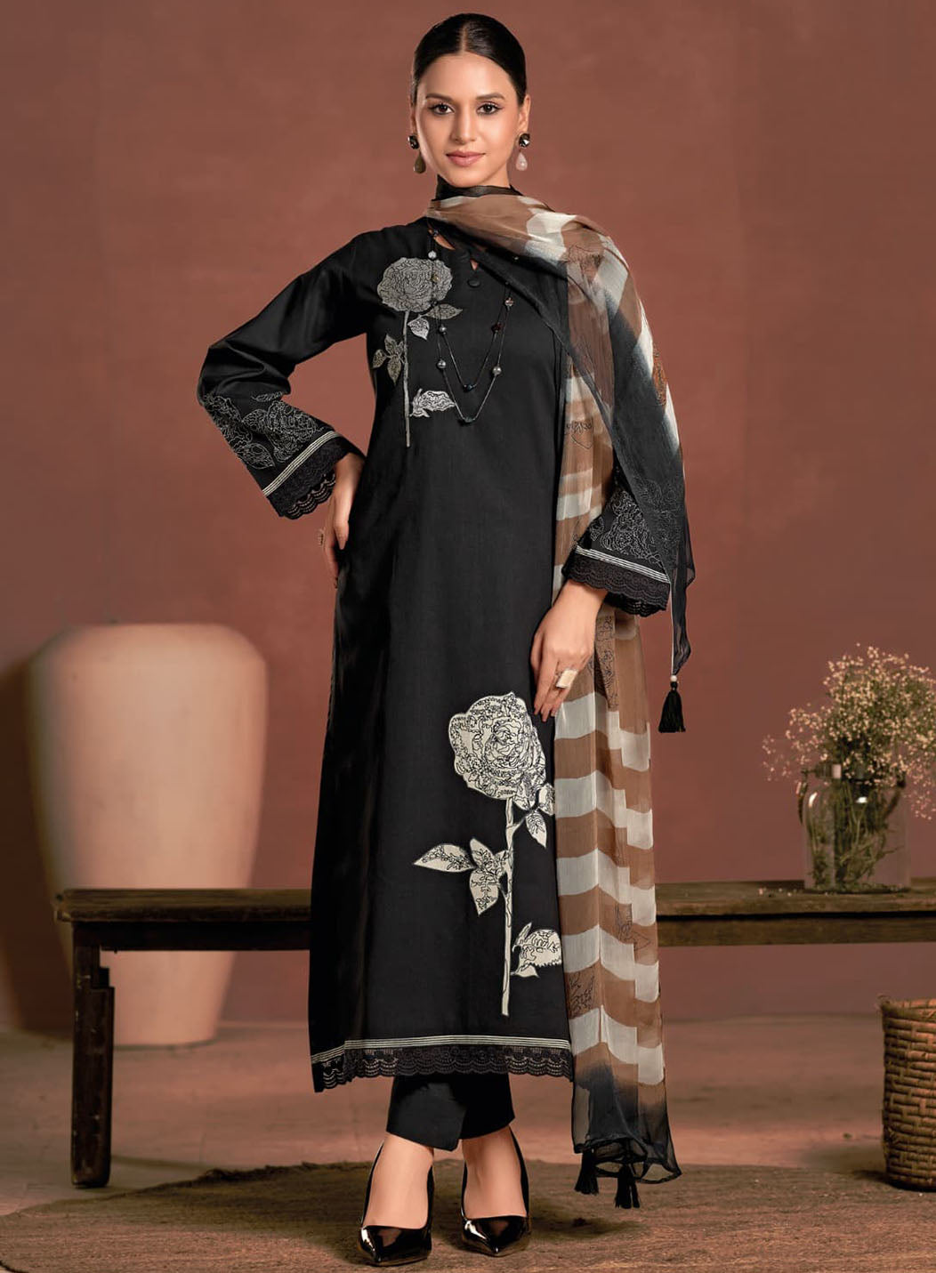 Pure Lawn Cotton Black Unstitched Salwar Suit Dress Material for Women