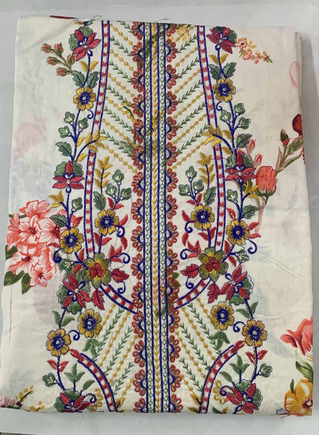 Cream Printed Unstitched Cotton Pakistani Suit Dress Material with Embroidery
