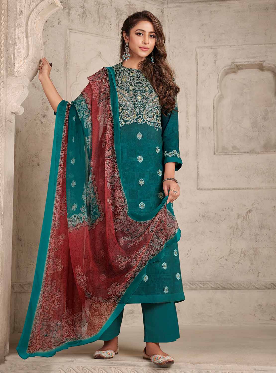 Women's Printed Teal Green Pashmina Winter Suits Dress Materials Esta Designs