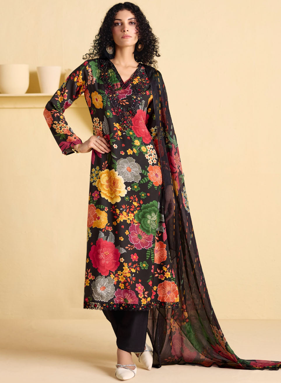 Muslin Unstitched Black Party Wear Suit Dress Material with Embroidery