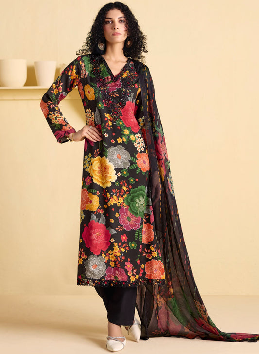 Muslin Unstitched Black Party Wear Suit Dress Material with Embroidery