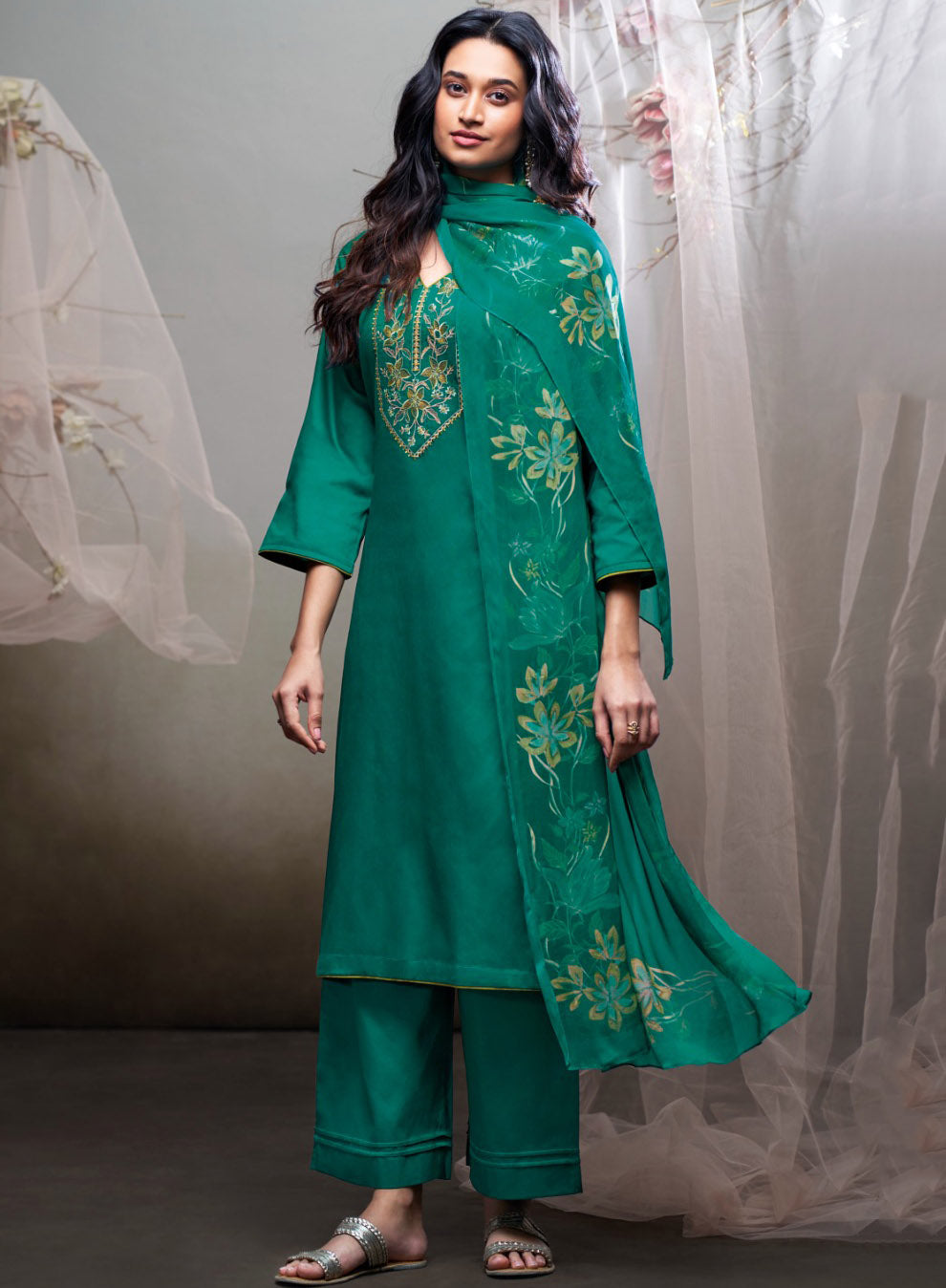 Ganga Unstitched Cotton Satin Suit Set Material with Chiffon Dupatta