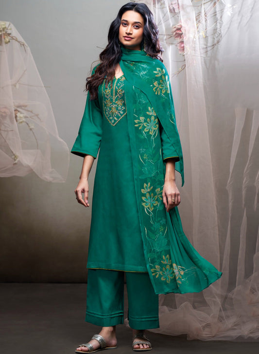 Ganga Unstitched Cotton Satin Suit Set Material with Chiffon Dupatta