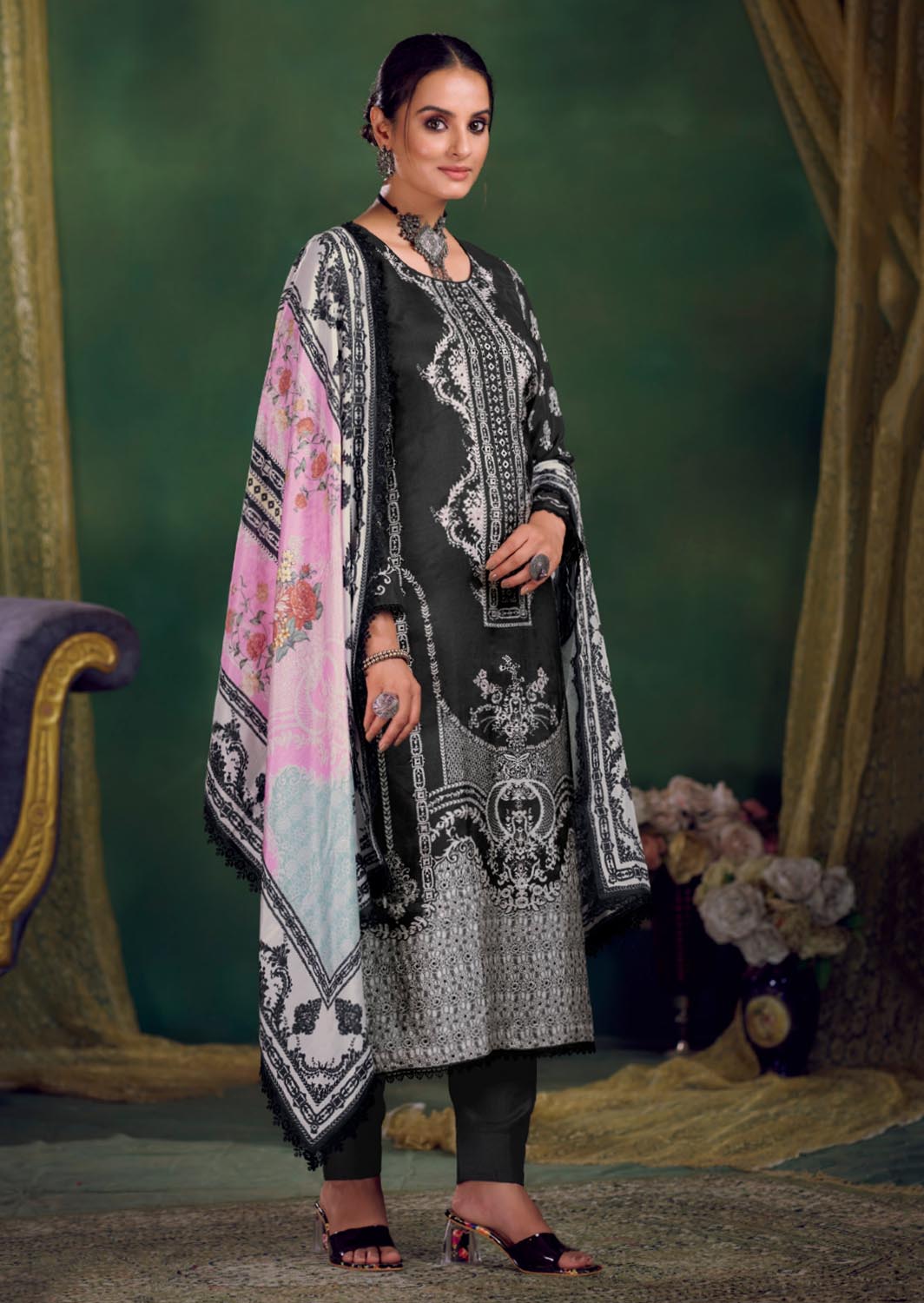Unstitched Pakistani Print Black Pashmina Winter Suit Dress Material IBIZA