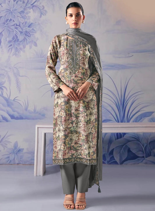 Grey Winter Pashmina Unstitched Suit Set Dress Material with Embroidery