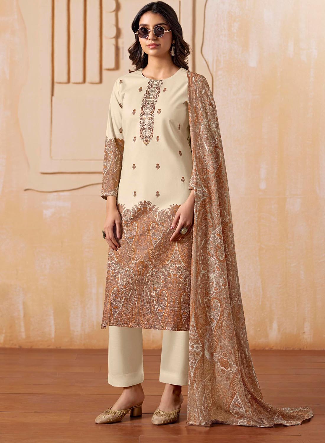 Beige Cambric Cotton Unstitched Suit Material Printed with Embroidery