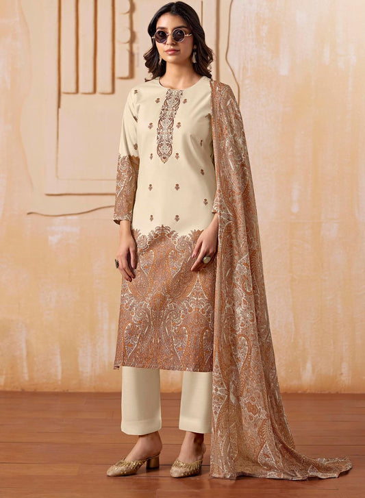 Beige Cambric Cotton Unstitched Suit Material Printed with Embroidery