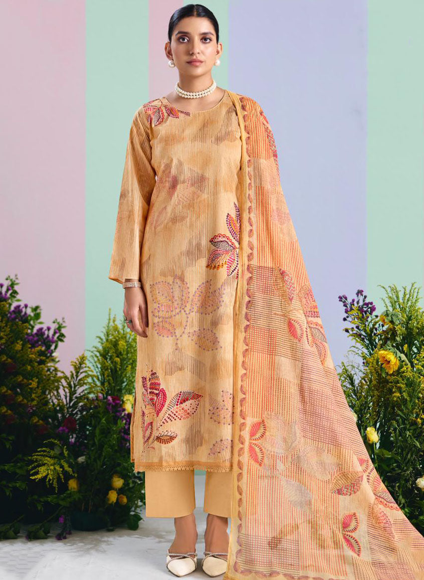 Premium Light Brown Unstitched Cotton Suit Material with Chiffon Dupatta