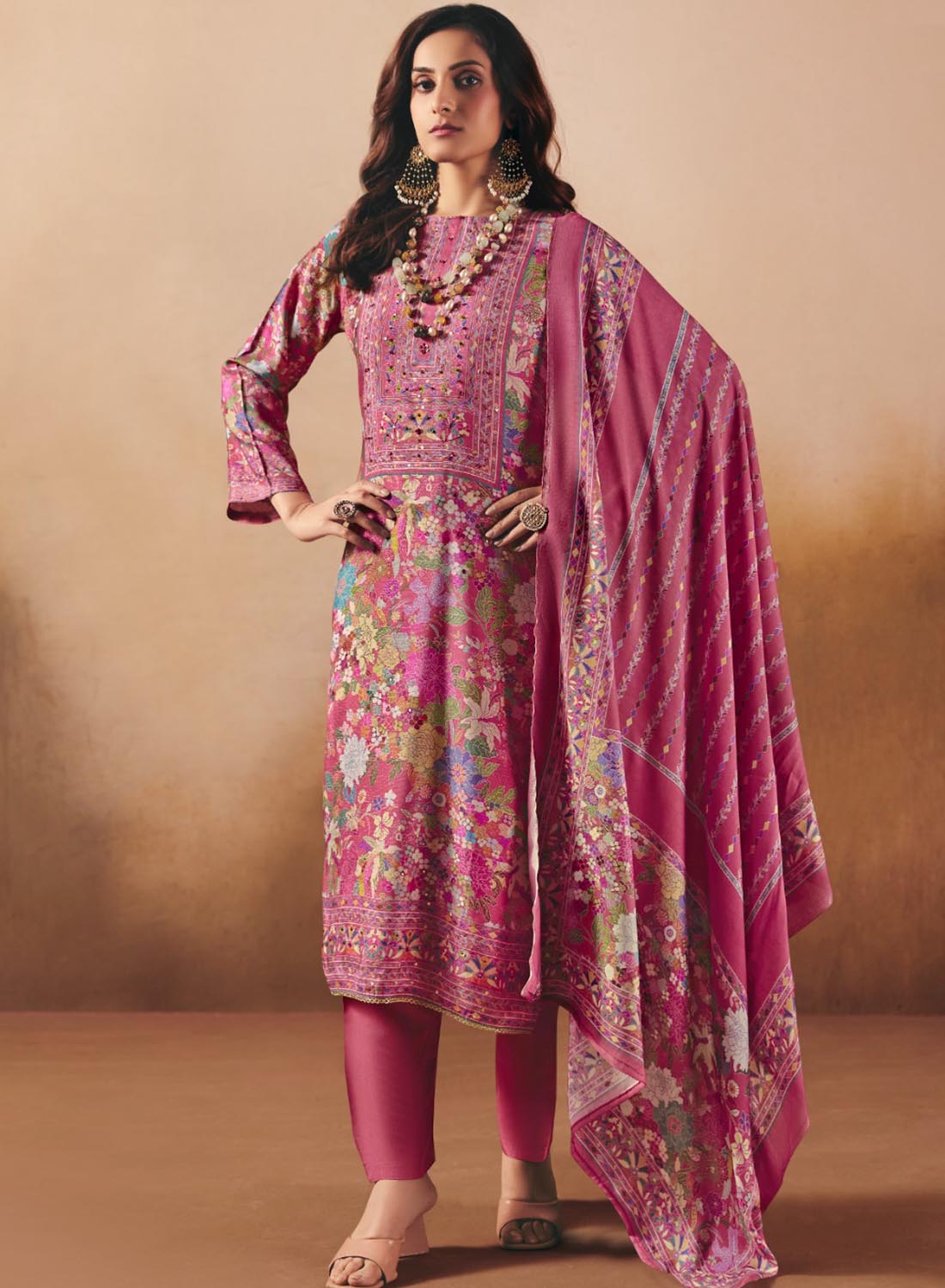 Party Wear Muslin Shimmer Pink Unstitched Salwar Suit Material for Women