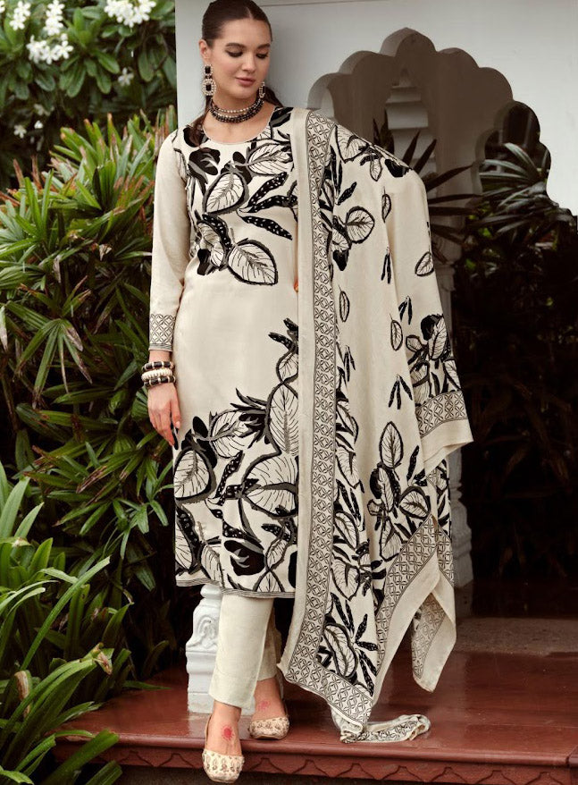 Cream Viscose Pashmina Unstitched Winter Salwar Suit Set Material