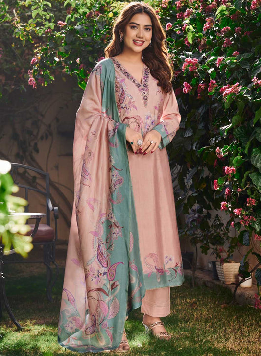 Party Wear Pure Muslin Unstitched Salwar Suit Material with Embroidery