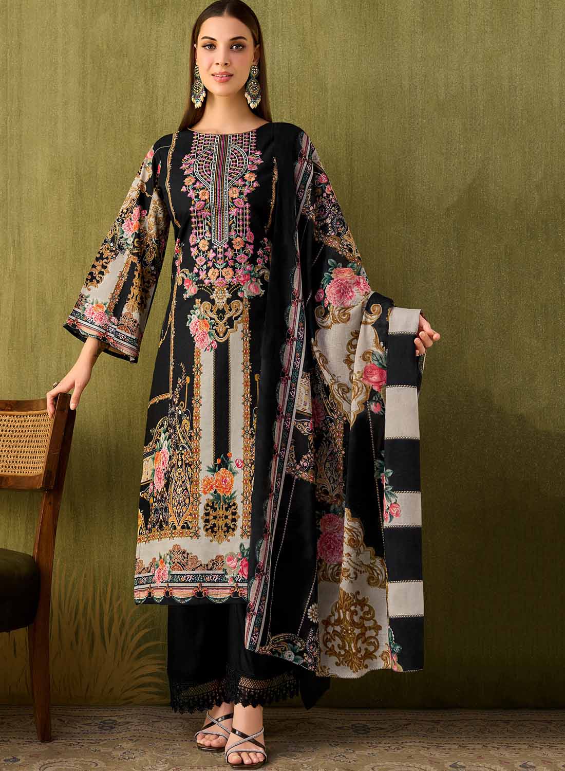 Black Printed Unstitched Cotton Pakistani Suit Dress Material with Embroidery