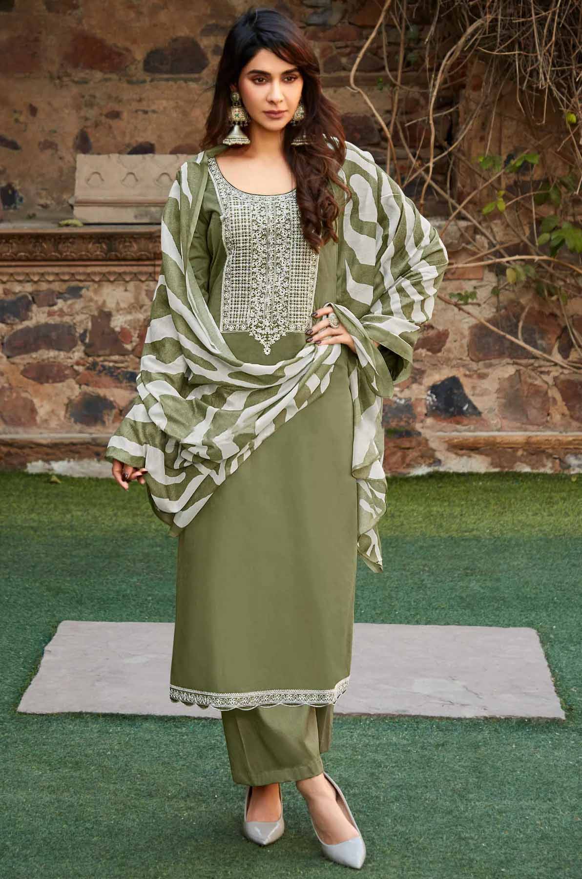 Olive Green Pure Cotton Satin Salwar Suit with Embroidery Unstitched