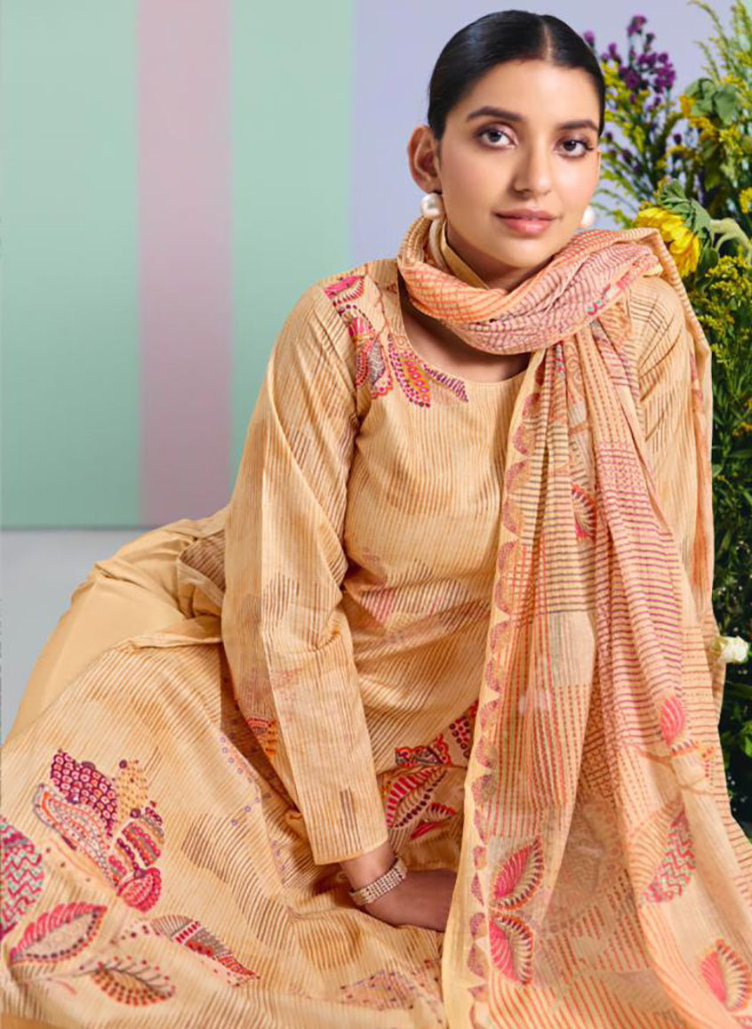 Premium Light Brown Unstitched Cotton Suit Material with Chiffon Dupatta