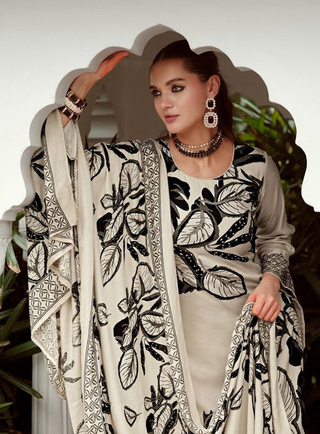 Cream Viscose Pashmina Unstitched Winter Salwar Suit Set Material