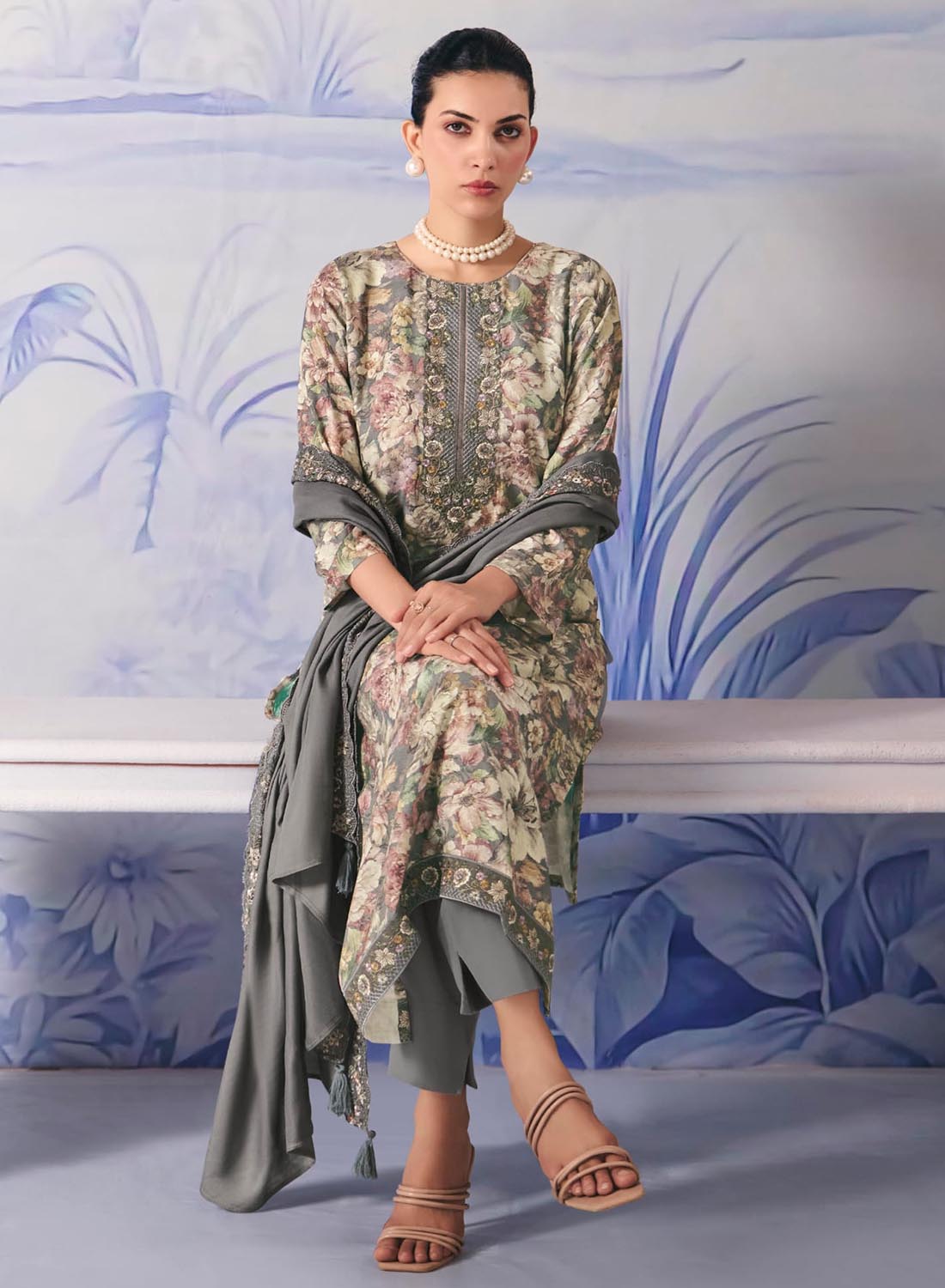 Grey Winter Pashmina Unstitched Suit Set Dress Material with Embroidery