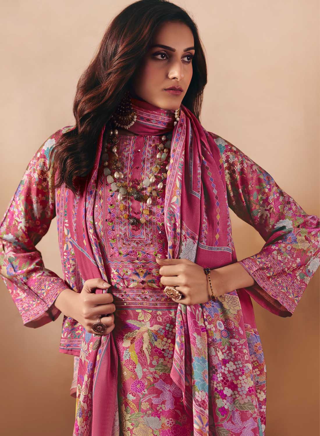 Party Wear Muslin Shimmer Pink Unstitched Salwar Suit Material for Women