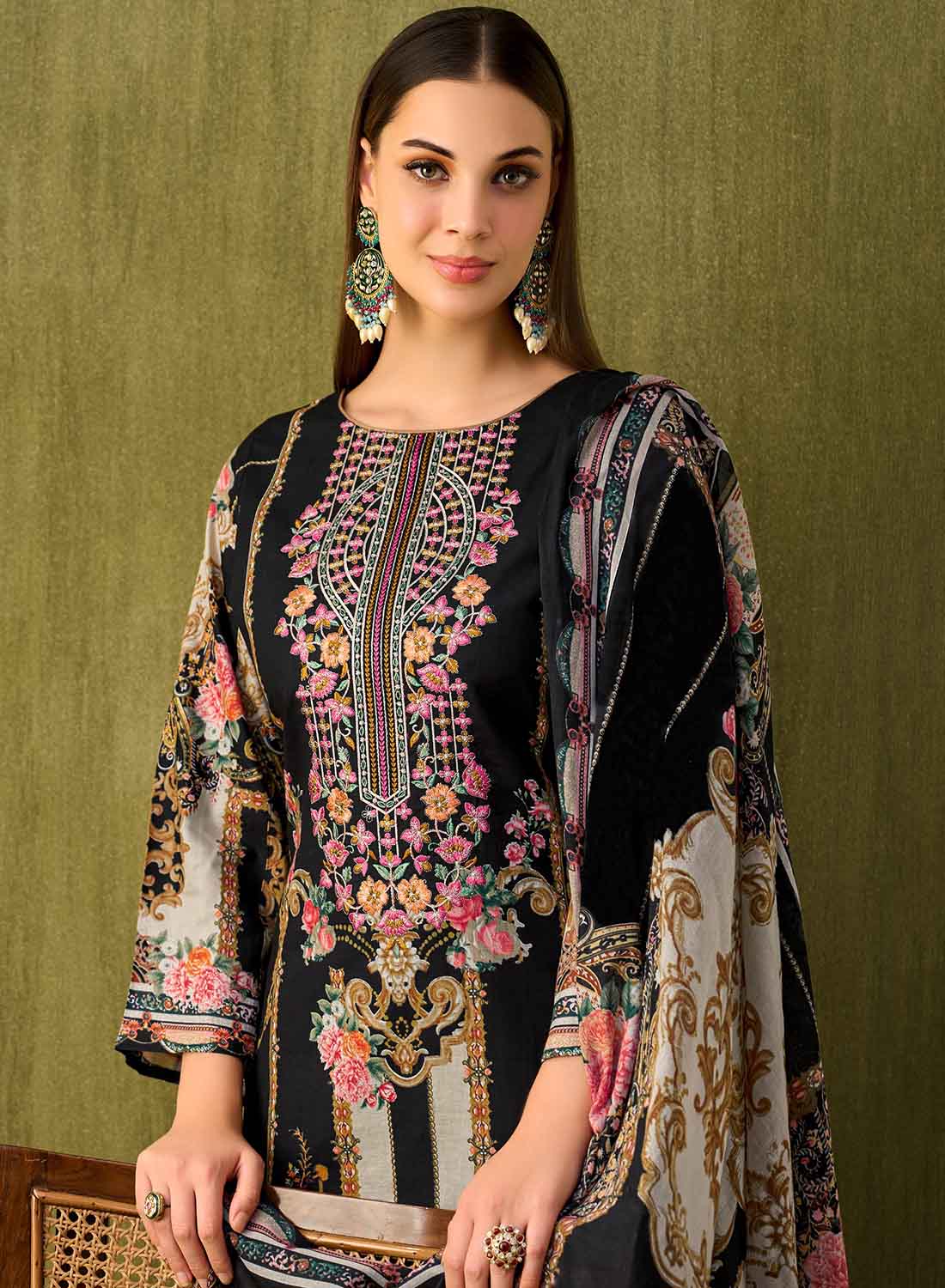 Black Printed Unstitched Cotton Pakistani Suit Dress Material with Embroidery