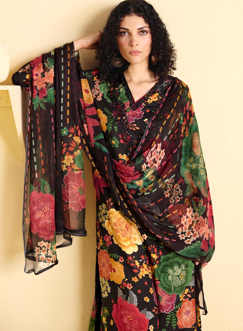 Muslin Unstitched Black Party Wear Suit Dress Material with Embroidery