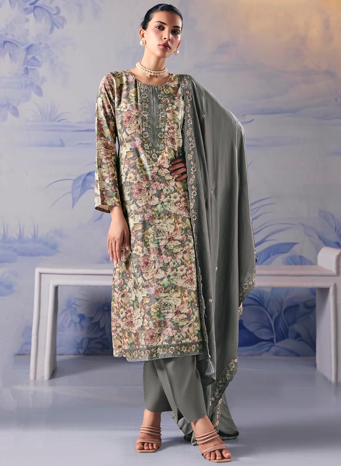 Grey Winter Pashmina Unstitched Suit Set Dress Material with Embroidery
