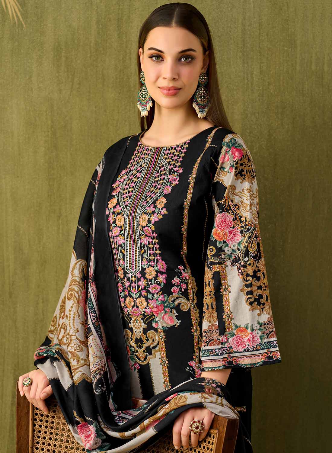 Black Printed Unstitched Cotton Pakistani Suit Dress Material with Embroidery