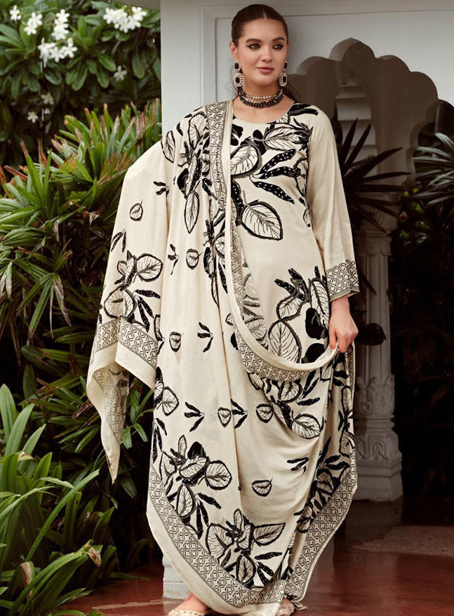 Cream Viscose Pashmina Unstitched Winter Salwar Suit Set Material