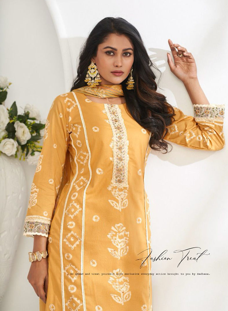 Pure Cambric Cotton Mustard Unstitched Salwar Suit Material with Embroidery