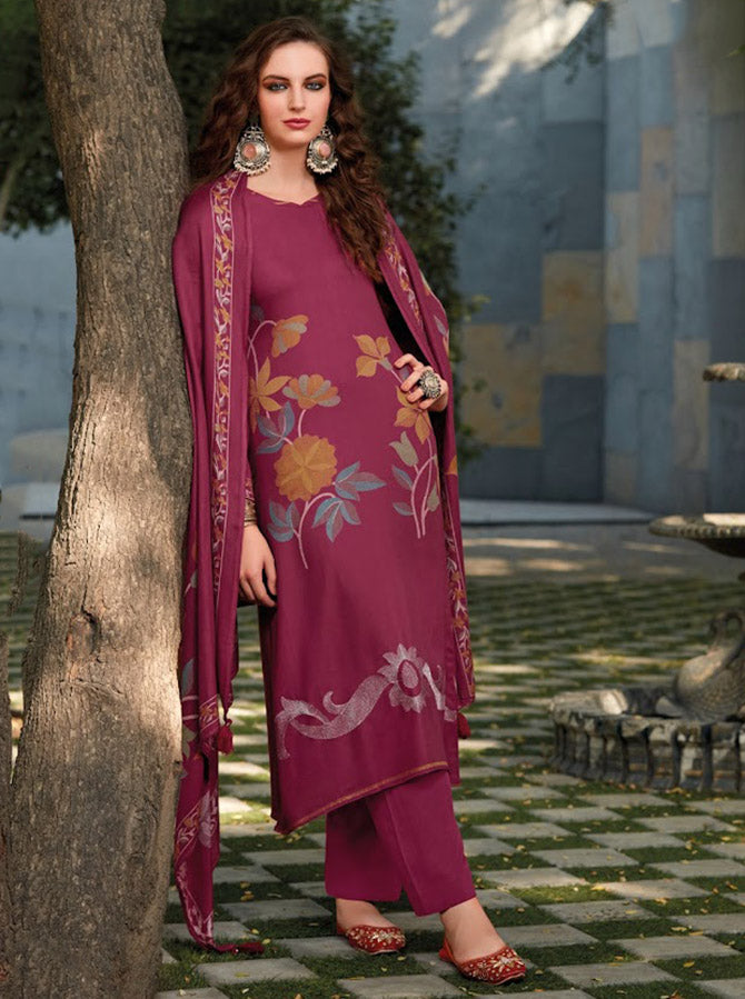 Pink Unstitched Pashmina Winter Suit Dress Material with Fancy Embroidery