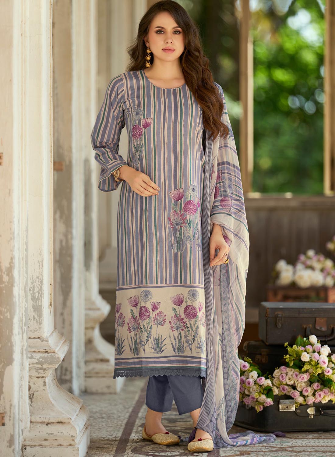 Grey Pure Cotton Daily Wear Unstitched Suit Material for Women