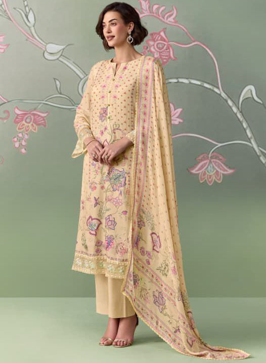 Pure Muslin Party Wear Beige Unstitched Suit Material with Embroidery