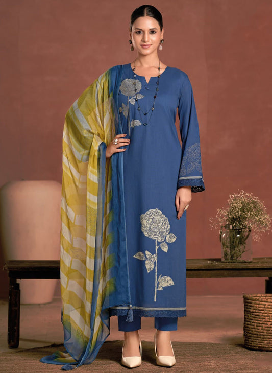 Pure Lawn Cotton Blue Unstitched Salwar Suit Dress Material for Women