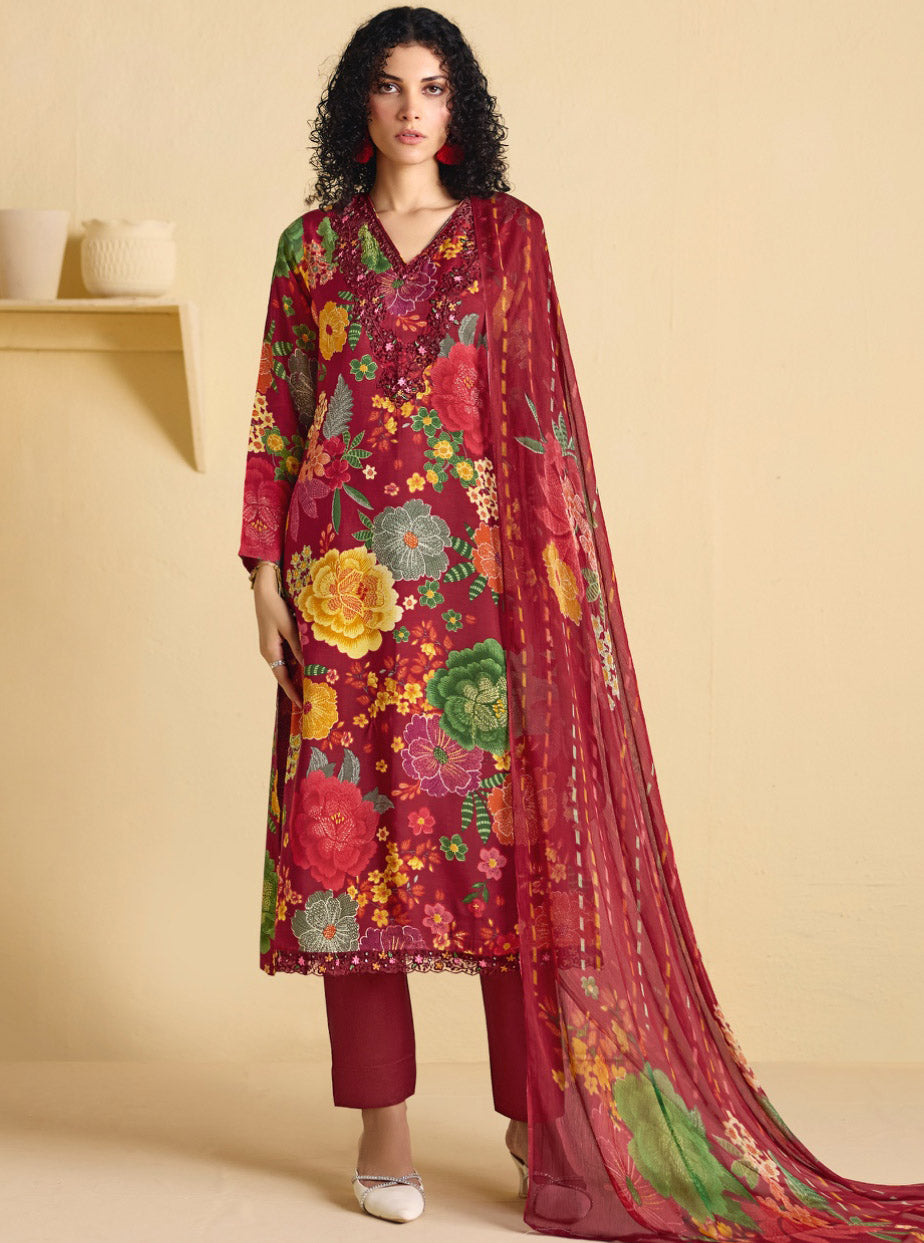 Muslin Unstitched Maroon Party Wear Suit Dress Material with Embroidery