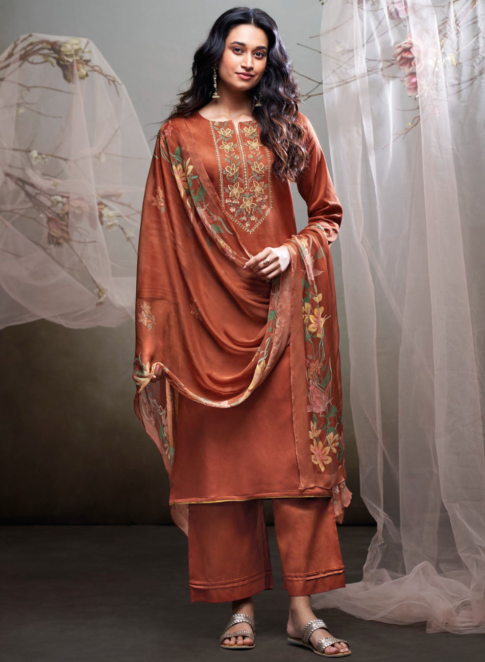 Ganga Unstitched Cotton Satin Suit Dress Material with Chiffon Dupatta