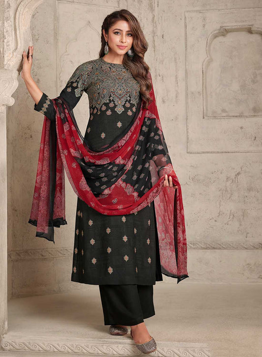 Women's Printed Black Pashmina Winter Suits Dress Materials