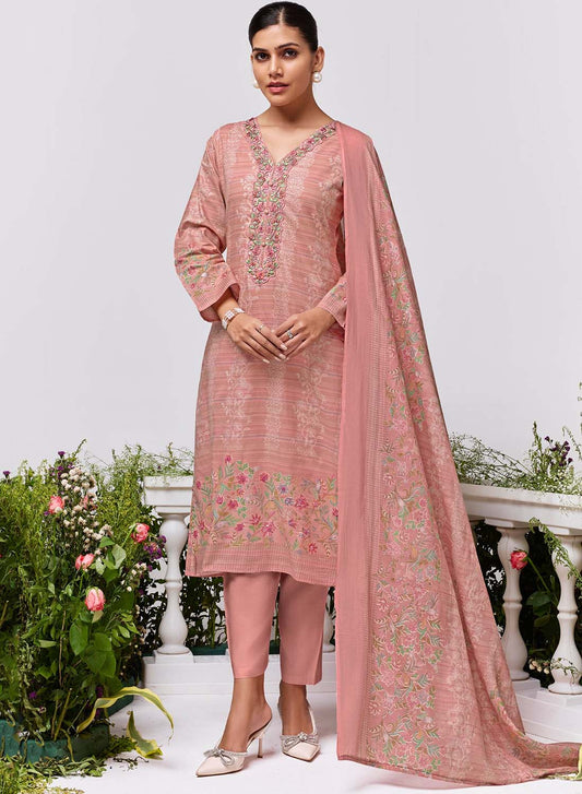 Pink Cambric Cotton Unstitched Suit Material for Women with Embroidery