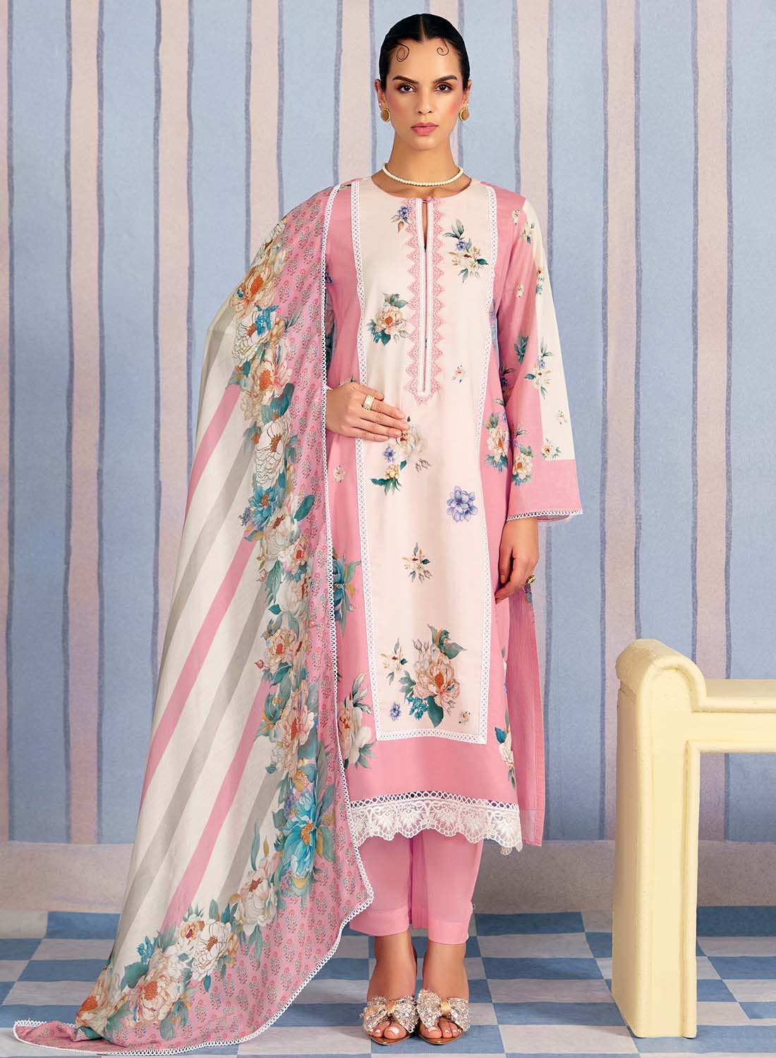 Pure Lawn Cotton Pink Unstitched Salwar Suit Material with Embroidery