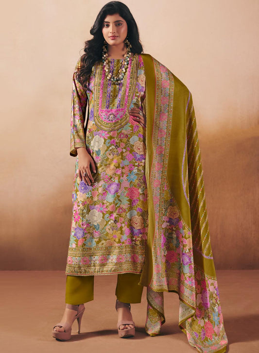 Party Wear Muslin Shimmer Green Unstitched Salwar Suit Material for Women