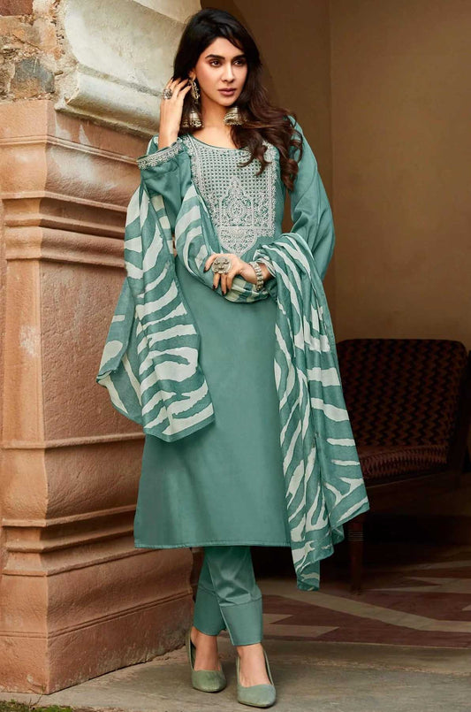 Teal Blue Pure Cotton Satin Salwar Suit with Embroidery Unstitched Isabella