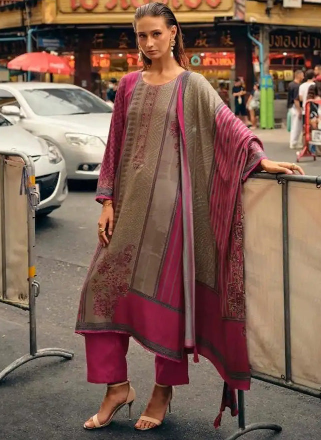 Pink Unstitched Pashmina Winter Salwar Suit Set Material for Women