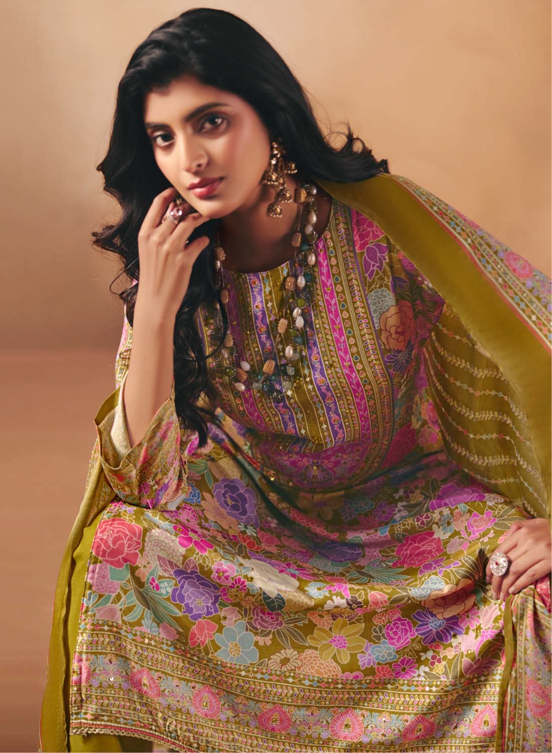 Party Wear Muslin Shimmer Green Unstitched Salwar Suit Material for Women