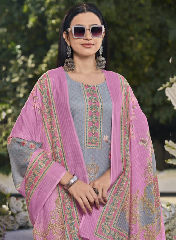 Printed Pink Cotton Unstitched Suit Dress Material with Dupatta for Women