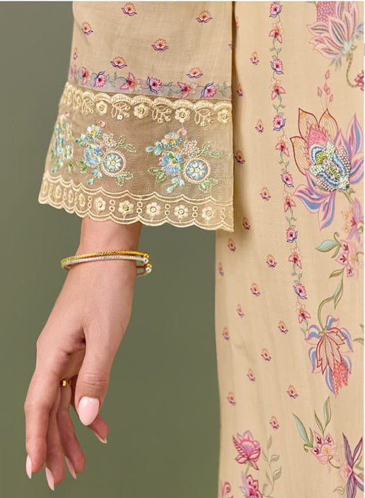 Pure Muslin Party Wear Beige Unstitched Suit Material with Embroidery
