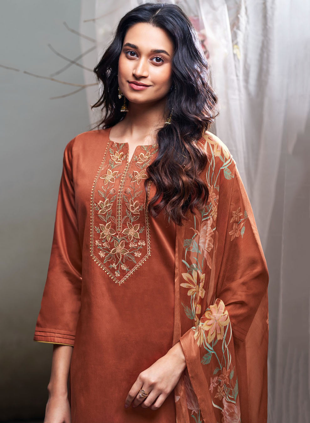 Ganga Unstitched Cotton Satin Suit Dress Material with Chiffon Dupatta