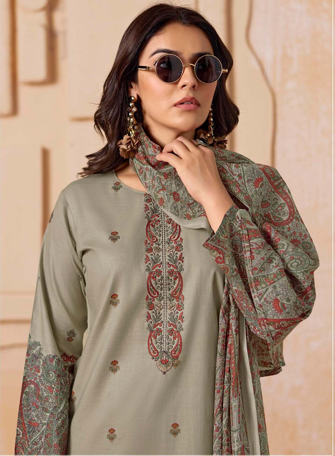 Grey Cambric Cotton Unstitched Suit Material Printed with Embroidery